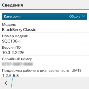 Сведения о системе в ОС BlackBerry 10