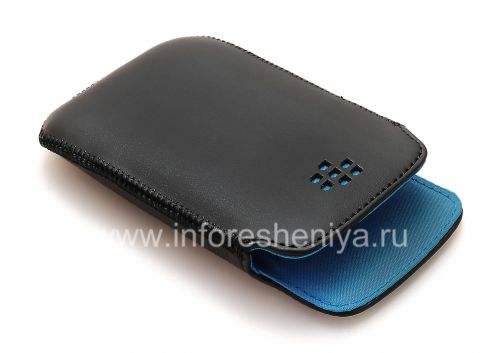 Галерея фотографий товара Оригинальный кожаный чехол-карман Leather Pocket Pouch для BlackBerry 9360/9370 Curve, Черный/Голубой (Sky Blue)