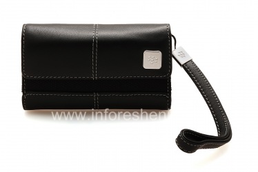 Оригинальный кожаный чехол-сумка с металлической биркой Leather Folio для BlackBerry, Черный/Черный (Black)