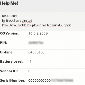 Экран Help Me! на BlackBerry 10 с информацией о версии ОС